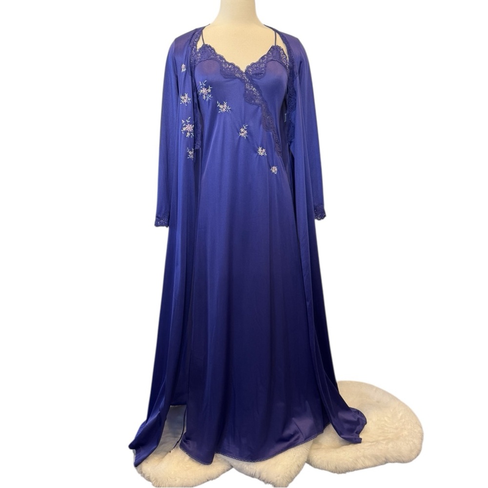 Saks 5th Avenue Silky Nylon Violet Vintage 2PC Set Maxi Gown Slip Dress Robe